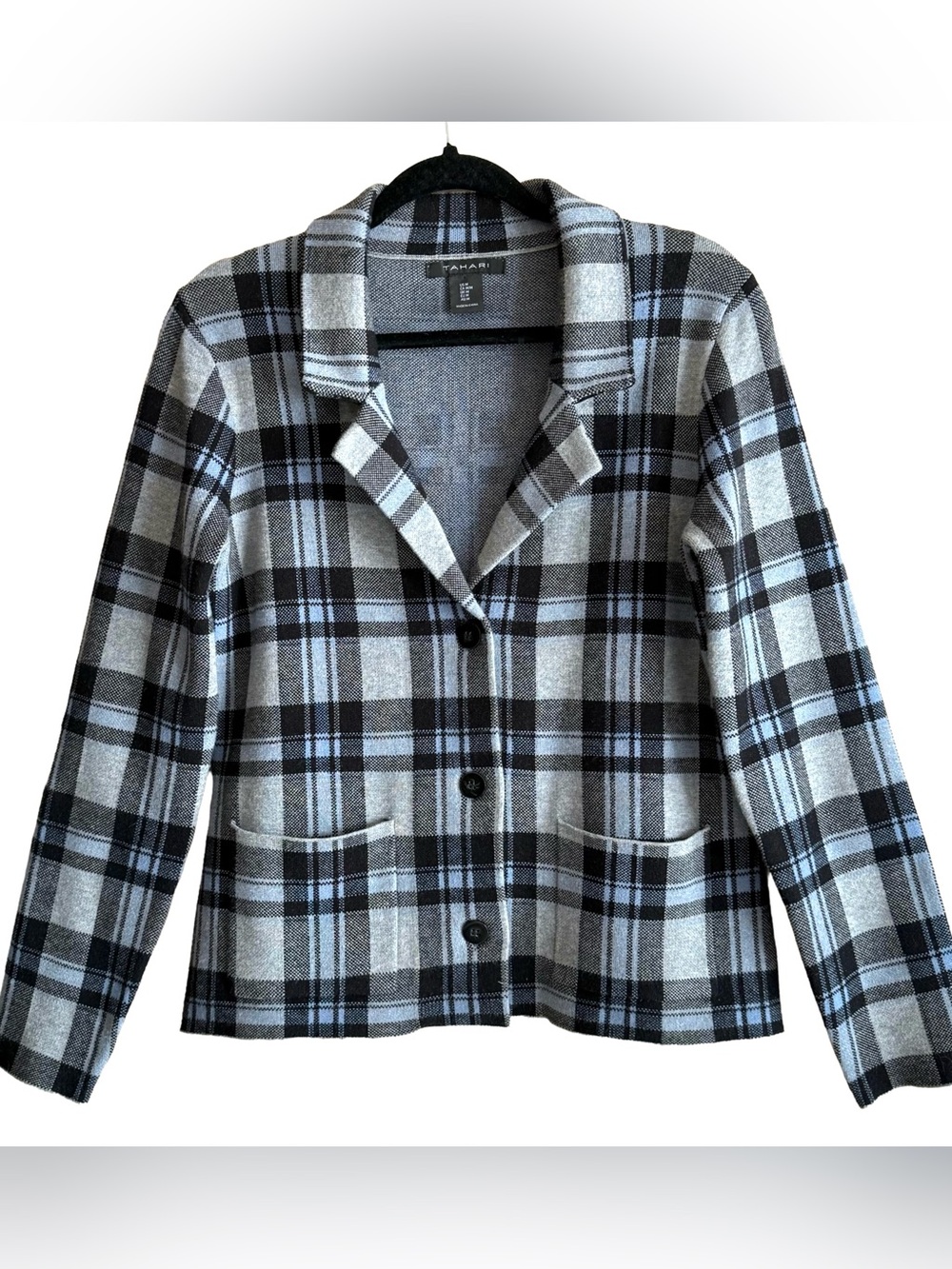 Tahari Knit Blazer Jacket M Black Gray Blue Plaid Button Front